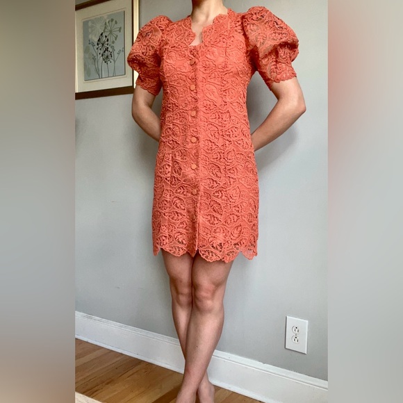 Sandro Lace Summer-Cocktail Coral Puff Sleeves Dress (French brand) - Picture 6 of 10